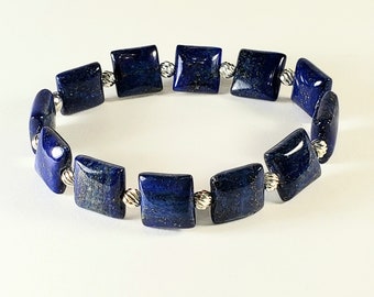 Men's Lapis Lazuli Beaded Gemstone Stretch Bracelet in Lapis Lazuli Puff Square Beads with 925 Sterling Silver Corrugated Beads