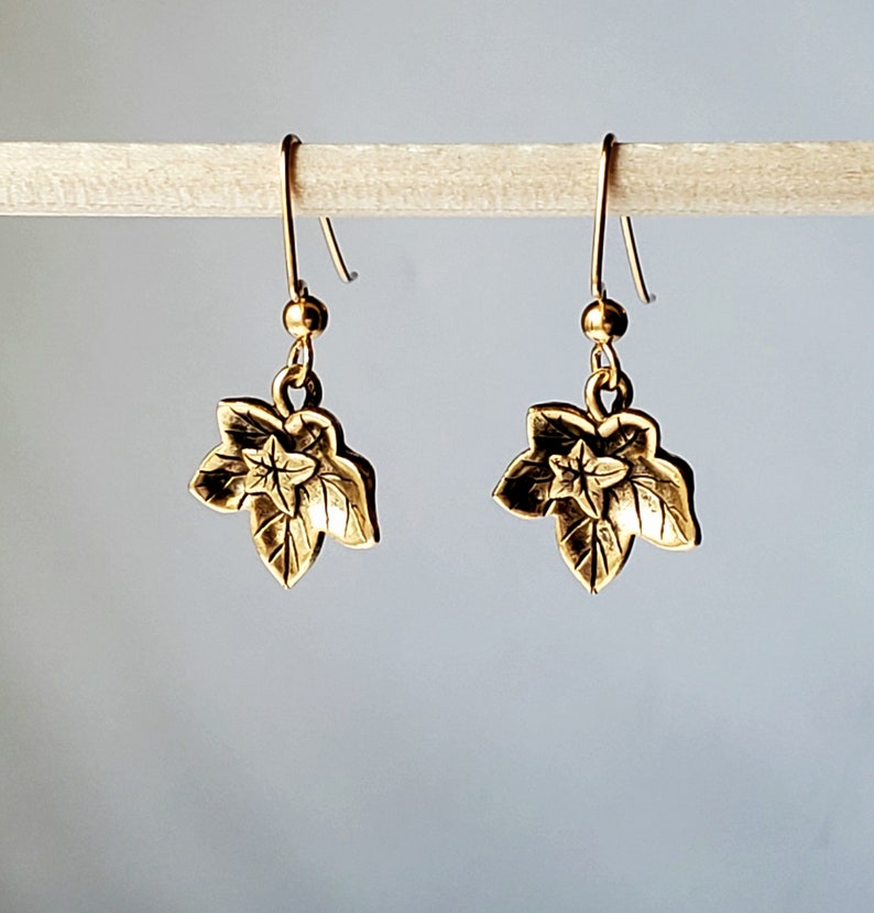 Antique Gold Plated Ivy Leaf Earrings in Gorgeous Sculpted Leaves with 14K Gold Filled Angular Hook Ear Wires with 3mm Balls Ends