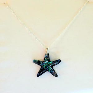 Paua Shell Starfish Pendant, Necklace in Blue, Turquoise, Green, Black with 925 Sterling Silver Oval Cable Chain "Paua Starfish Pendant" image 1