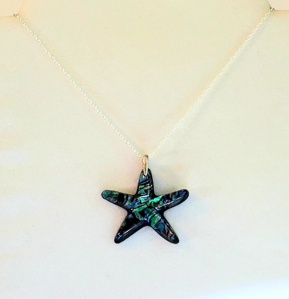 Paua Shell Starfish Pendant, Necklace in Blue, Turquoise, Green, Black with 925 Sterling Silver Oval Cable Chain "Paua Starfish Pendant"