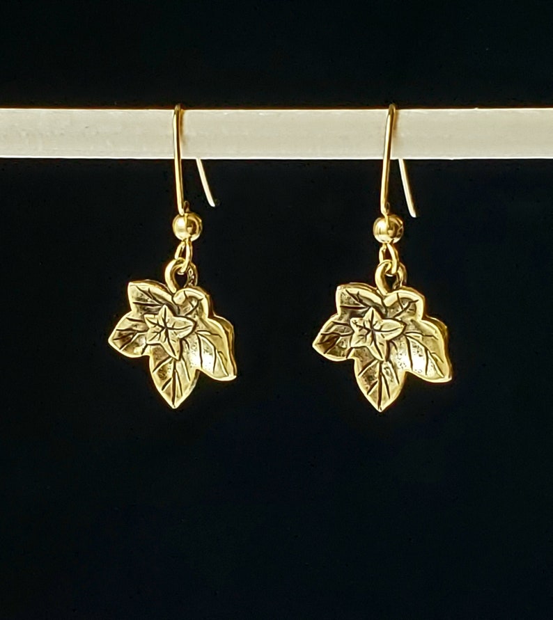 Antique Gold Plated Ivy Leaf Earrings in Gorgeous Sculpted Leaves with 14K Gold Filled Angular Hook Ear Wires with 3mm Balls Ends