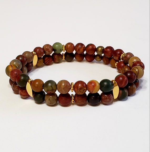 Red, Green & Gold Picasso Jasper Gemstone Beaded Stretch Double Strand Bracelet with Gorgeous 14K Gold Connector Bars "Picasso's Party"