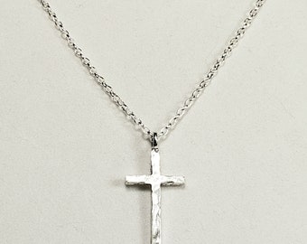 Hammered Silver Cross Pendant  in Antique Silver Plated Nickel-Free Pewter; 925 Sterling Silver Oval Rolo Chain & Lobster