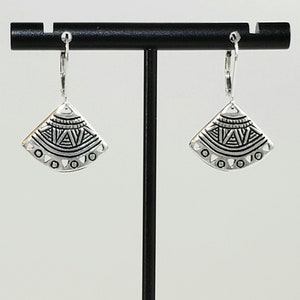 Antique 925 Sterling Silver Plated Pewter Ethnic Fan Earrings with 925 Sterling Silver Lever Backs with Secure Locks image 2