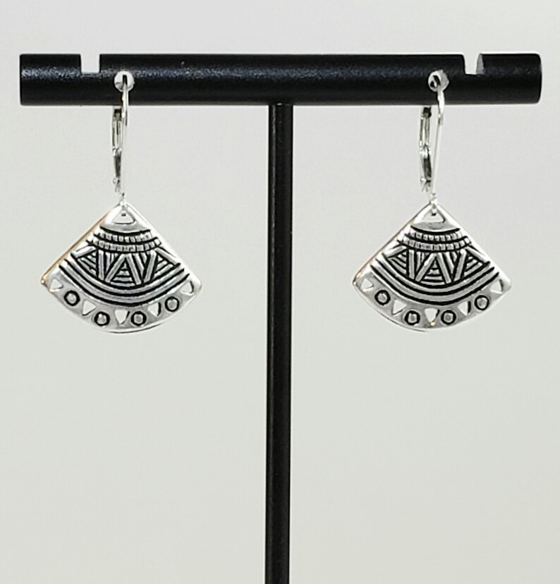 Antique 925 Sterling Silver Plated Pewter Ethnic Fan Earrings with 925 Sterling Silver Lever Backs with Secure Locks image 2