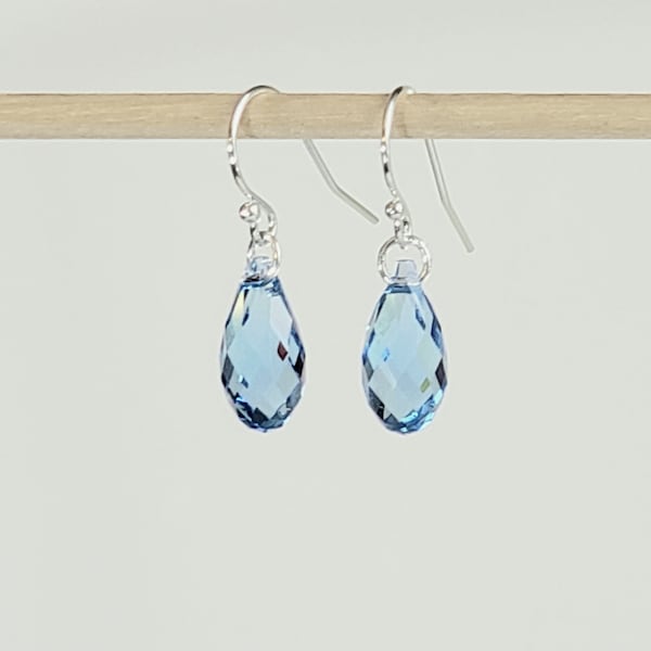 Aquamarine Blue Earrings in Crystal Passion's Faceted 13mm Teardrop Briolette Crystals with 925 Sterling Silver Bali Hook Ear Wires