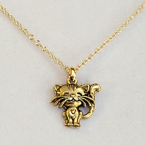 Antique Gold Cute Cat Pendant, Necklace in Gold Plated Pewter with Gold Plated Bail & 14K/20 Gold Filled Cable  Chain with Lobster Clasp