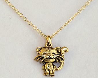 Antique Gold Cute Cat Pendant, Necklace in Gold Plated Pewter with Gold Plated Bail & 14K/20 Gold Filled Cable  Chain with Lobster Clasp