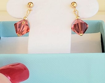 Peach, Coral, Pink Stud Earrings in Swarovski Faceted Bicone Crystals with 14K Gold Filled Posts (Studs) with 3mm Ball Ends and Backs