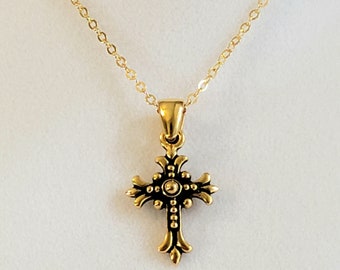 Antique Gold French Fleur Cross Pendant, or Necklace in Gold Plated Pewter & 14K Gold Filled Flat Oval Cable Chain and Gold Filled Lobster