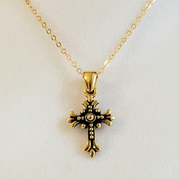 Antique Gold French Fleur Cross Pendant, or Necklace in Gold Plated Pewter & 14K Gold Filled Flat Oval Cable Chain and Gold Filled Lobster