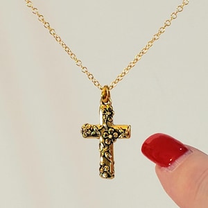 Antique 14K Gold Plated Pewter Floral Cross Pendant, Necklace, 14K Gold Plated Brass Bail, New 14K Gold Filled Oval Cable Chain with Clasp