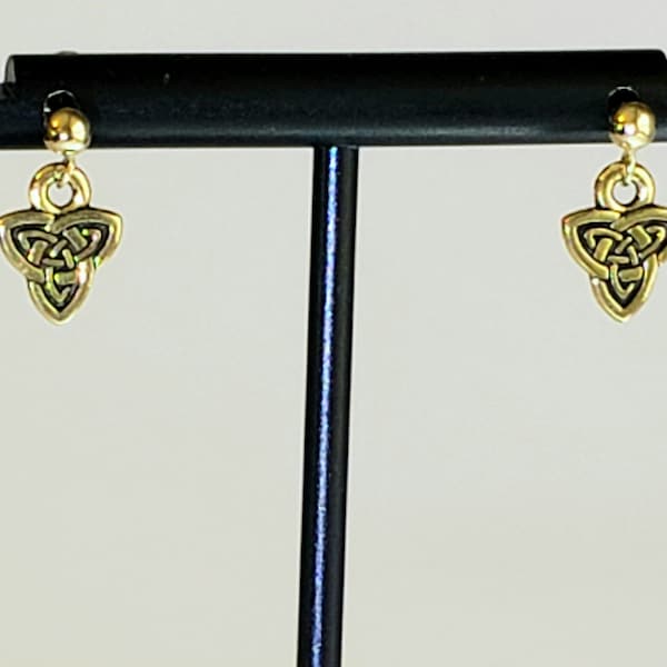 Antique Gold Plated Celtic Triad Knot Earrings with 14K Gold Filled Studs or Posts with 3mm Ball Ends with Push Backs