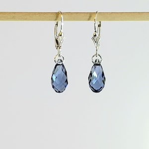 May include: A pair of silver-toned leverback earrings with faceted, teardrop-shaped, blue-violet crystal pendants. The earrings are suspended from a wooden dowel against a white background.