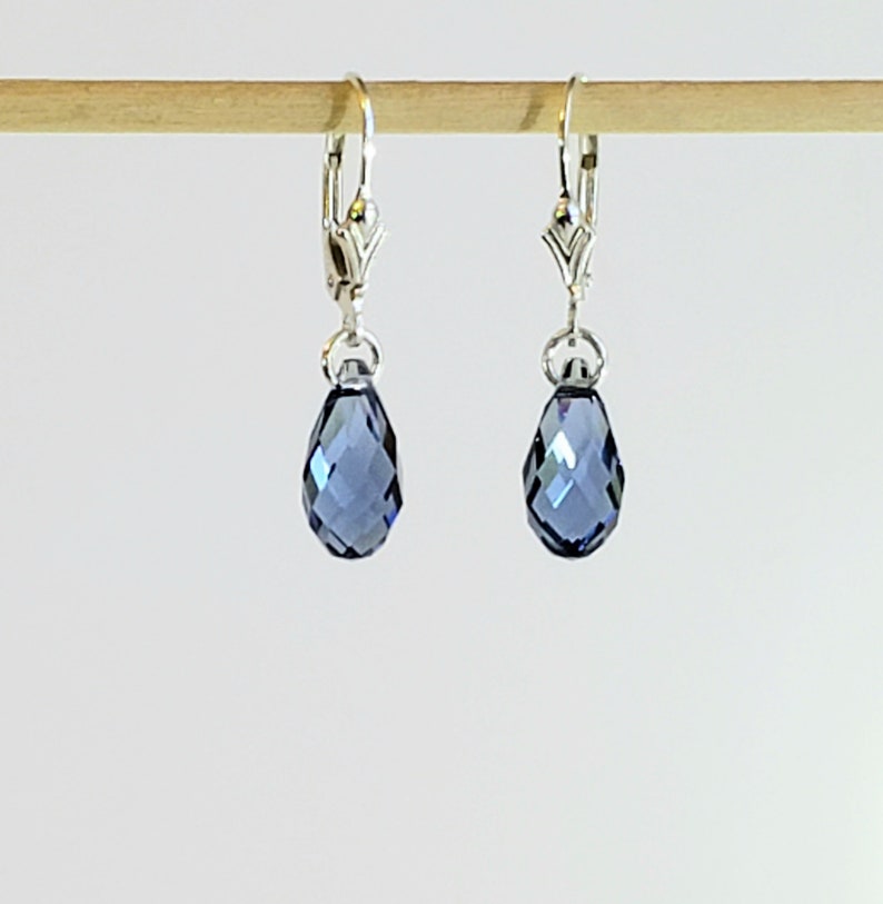 May include: A pair of silver-toned leverback earrings with faceted, teardrop-shaped, blue-violet crystal pendants. The earrings are suspended from a wooden dowel against a white background.
