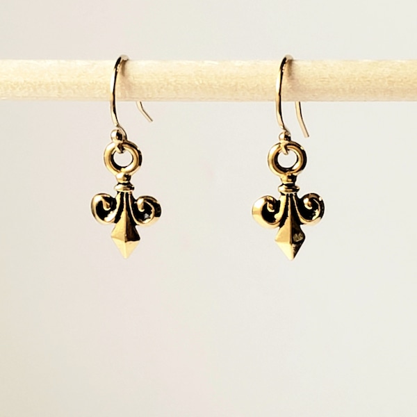 Antique Gold French Fleur de Lis Post (Stud) Earrings in 14K Gold Plated Pewter with 14K Gold Filled Bali Hooks with Ball Ends