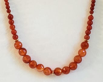 Red Carnelian Beaded Gemstone Necklace with 14K Gold Filled Saucer Accent Beads and Gold Plated Pewter Hook & Eye Clasp