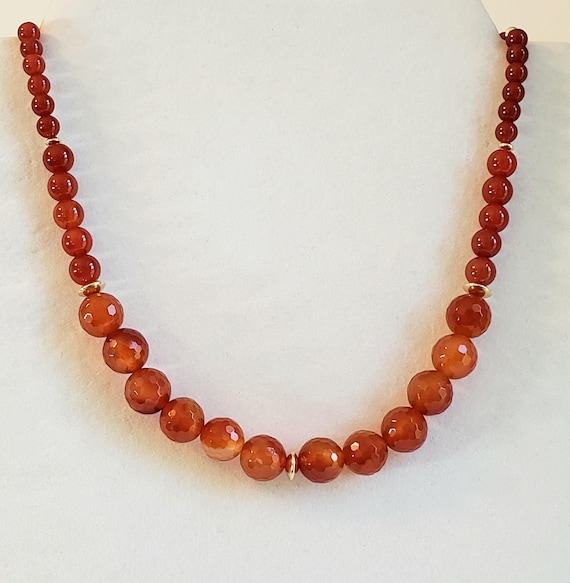 Red Carnelian Beaded Gemstone Necklace with 14K Gold Filled Saucer Accent Beads and Gold Plated Pewter Hook & Eye Clasp