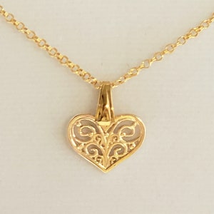 Gold Filigree Heart Pendant, Necklace in 14K Gold Plated Open Cut-Out Design with Gold Bail & 14K Gold Filled Double Cable Chain, Lobster