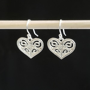 925 Sterling Silver Plated Brass Filigree Flat Heart Drop Earrings with 925 Sterling Silver Bali Hook Ear Wires with Tiny Ball Ends