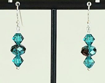 Blue Earrings in Swarovski Crystal Teal, Turquoise, 925 Sterling Silver Eye Pins & 925 Sterling Silver Bali Hooks Ear Wires -Caribbean Blues