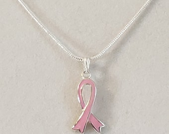 Pink Ribbon against Breast Cancer Pendant, Necklace in Pink Enamel with 925 Sterling Silver Plated Snake Chain & Silver Lobster Clasp