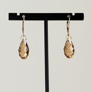Light Colorado Topaz Shade 17mm Teardrop Briolette Earrings in Swarovski Faceted Crystal with 14K Gold Filled Lever Back Ear Wires