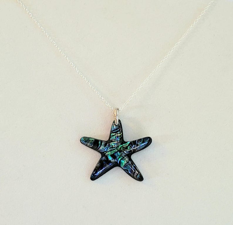 Paua Shell Starfish Pendant, Necklace in Blue, Turquoise, Green, Black with 925 Sterling Silver Oval Cable Chain "Paua Starfish Pendant" image 3