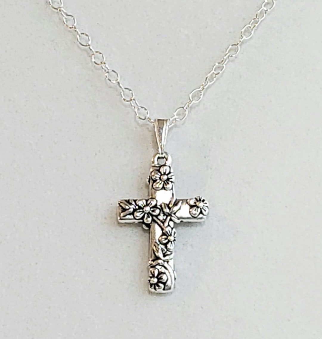 Antique Floral Cross Pendant in Silver Plated Pewter, 925 Sterling ...