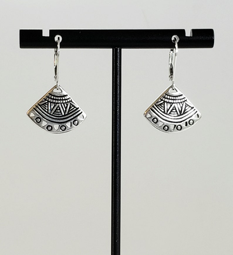 Antique 925 Sterling Silver Plated Pewter Ethnic Fan Earrings with 925 Sterling Silver Lever Backs with Secure Locks image 3