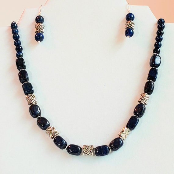 925 Sterling Silver Plated Lapis Lazuli Gemstone Necklace Earrings Set Jewellery