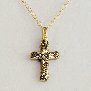 Antique 14K Gold Plated Pewter Floral Cross Pendant, Necklace, 14K Gold Plated Brass Bail, 14K Gold Filled Oval Cable Chain with Clasp