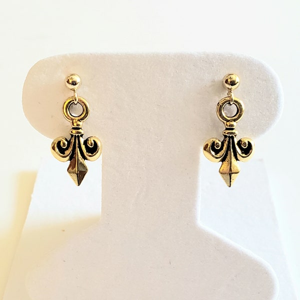 Antique Gold Fleur de Lis Post (Stud) Earrings in 14K Gold Plated Pewter with 14K Gold Filled Posts (Studs) with 4mm Balls and Backs