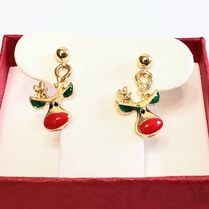 Christmas Earrings with Rudolph Reindeer in 14K Gold Plated Pewter, Enamel Red Nose, Green Trim and 14K Gold Filled Posts/Studs with Balls
