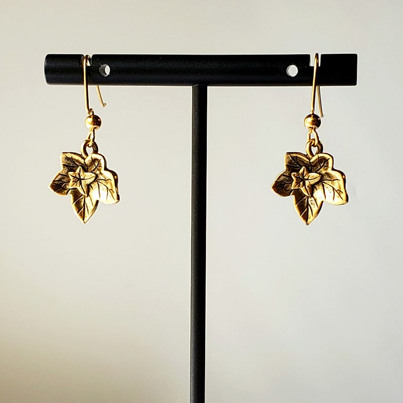 Antique Gold Plated Ivy Leaf Earrings in Gorgeous Sculpted Leaves with 14K Gold Filled Angular Hook Ear Wires with 3mm Balls Ends