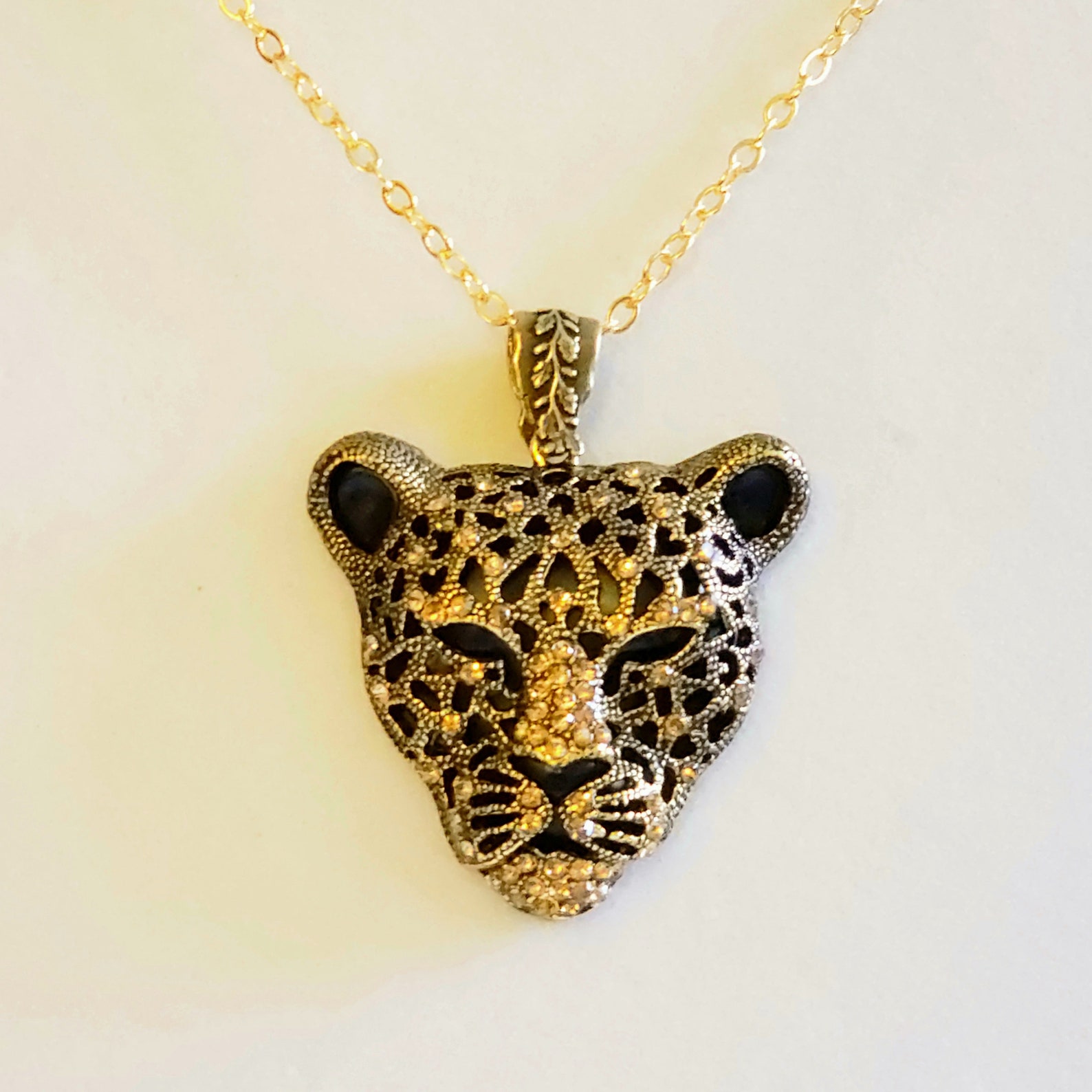 Black Panther Pendant or Necklace with Gold Rhinestones Etsy