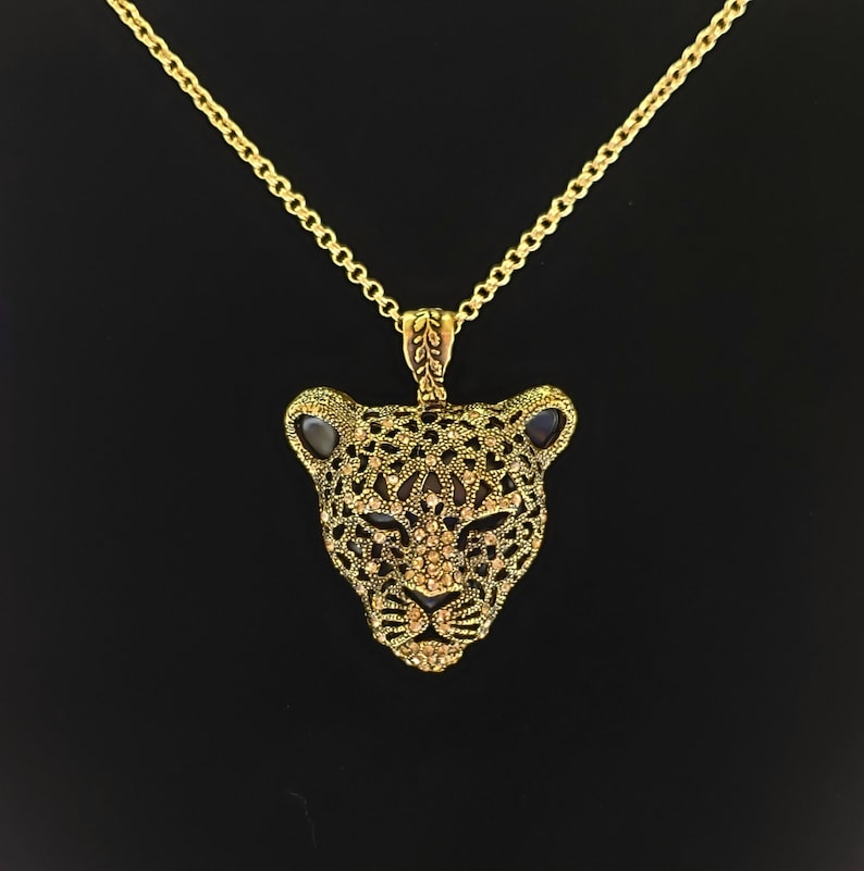 Black Panther Pendant or Necklace with Gold Rhinestones Etsy