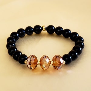 Men&#39;s Black Agate Beaded Gemstone Stretch Bracelet with 12mm Swarovski Crystal Briolettes, Center,  Crystal Copper Shade and Gold Accents