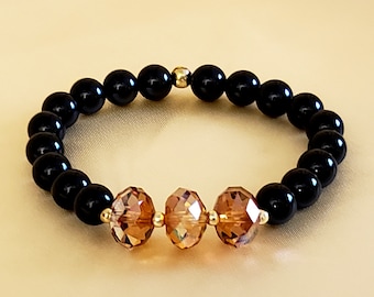 Black Agate Beaded Gemstone Stretch Bracelet with 12mm Swarovski Faceted Crystal Briolettes Center,  Crystal Copper Shade with Gold Accents