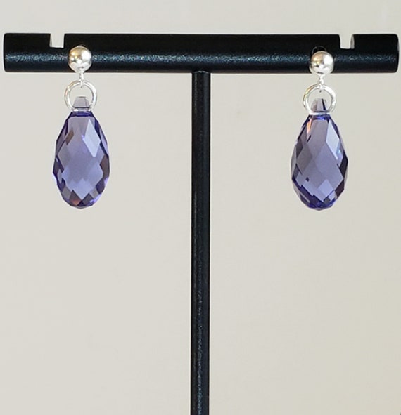 Sterling Silver Ball Post with Drop Earrings Cubic Zirconia Teardrop - Purple Sterling Silver Ball Post with Drop Earrings Cubic Zirconia Teardrop - Purple