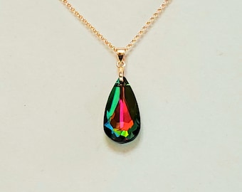 Green Swarovski Pendant, or Necklace in Faceted Crystal Moondrop, or Pear, in Vitrail (Multi-Color) with 14K Gold Filled Small Rolo Chain