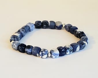 Blue and White Sodalite Beaded Gemstone Stretch Bracelet in 7mm Cubes with Bright 925 Sterling Silver Polished Saucer Bead Spacers