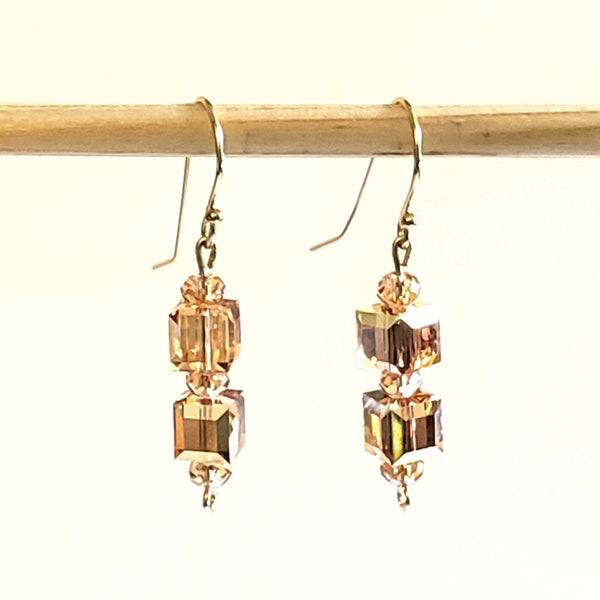 Swarowski Faceted Crystal Cubes and Briolettes in Crystal Metallic Sunshine Shade with 14K Gold Filled Bali Hook Ear Wires with Ball Ends