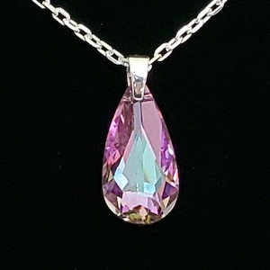 Swarovski Moondrop Cut Crystal Pendant/Necklace in Light Multi-Color Vitrail with 925 Sterling Silver Bail and Diamond Cut Cable Chain