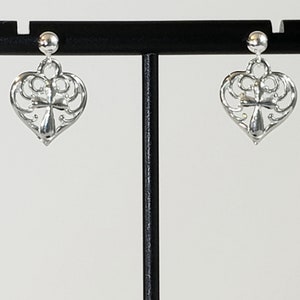 Antique 925 Sterling Silver Plated Pewter Filigree Heart with Cross Earrings & 925 Sterling Silver Studs or Posts with 4mm Ball Ends