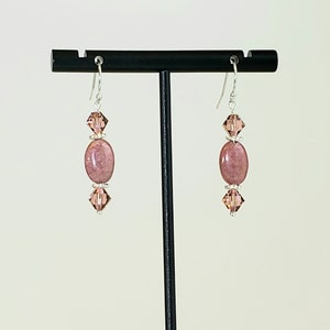 Mauve Beaded Gemstone Earrings in Pink Rhodonite Ovals, Swarovski Pink Crystals, 925 Sterling Silver Beads & Bali Hook Wires &quot;Mauve Miracle&quot;