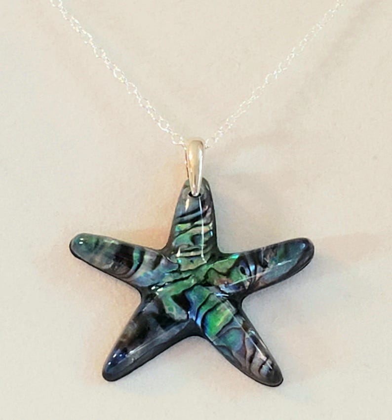 Paua Shell Starfish Pendant, Necklace in Blue, Turquoise, Green, Black with 925 Sterling Silver Oval Cable Chain "Paua Starfish Pendant" image 4