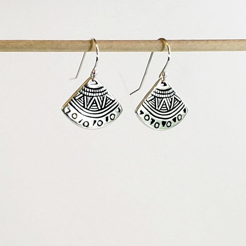 Antique 925 Sterling Silver Plated Pewter Ethnic Fan Earrings with 925 Sterling Silver Lever Backs with Secure Locks image 5