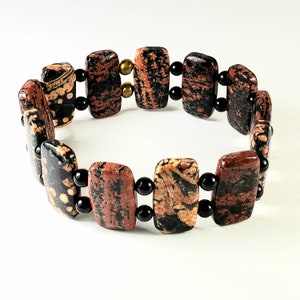 Mexican Red Snowflake Jasper, Black Agate Beaded Gemstone Stretch Bracelet in Double Drilled 10x20mm Polished Rectangular Beads- Latex Free