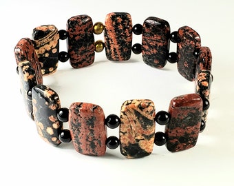 Mexican Red Snowflake Jasper, Black Agate Beaded Gemstone Stretch Bracelet in Double Drilled 10x20mm Polished Rectangular Beads- Latex Free